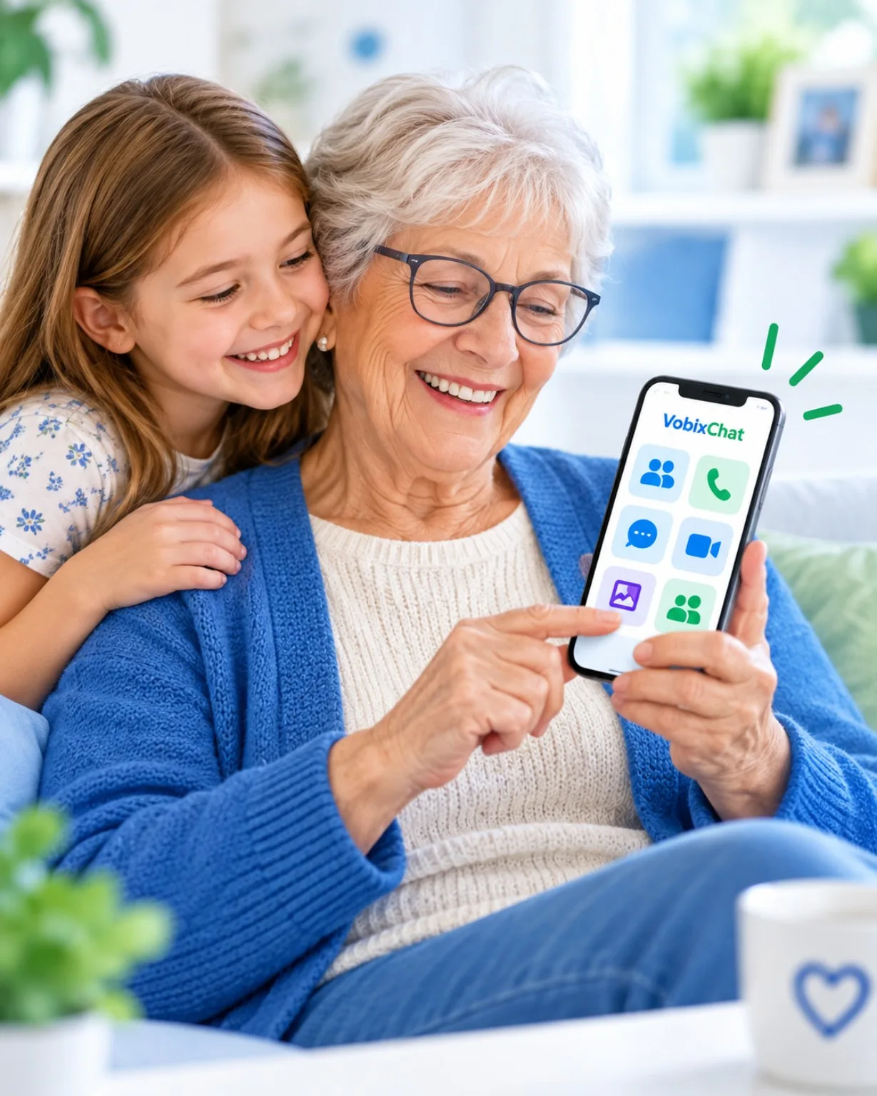 Una abuela y su nieta mirando juntas una pantalla con controles sencillos