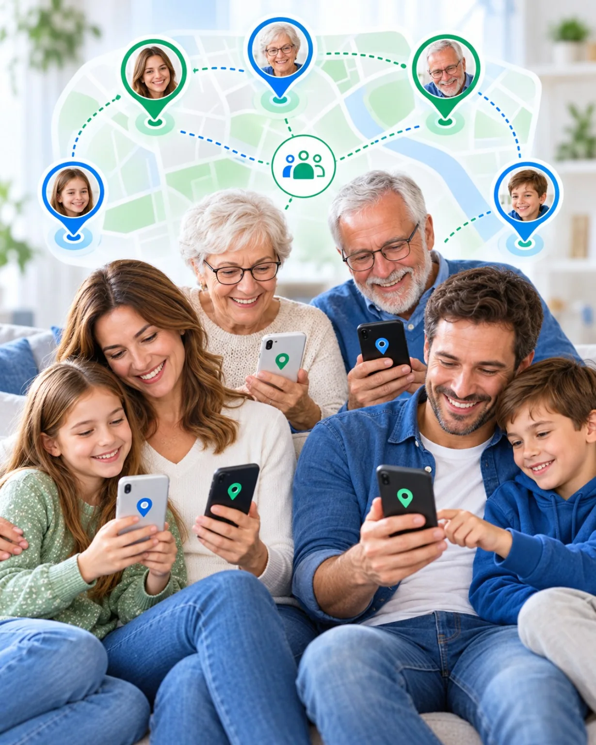 Familia reunida junto a una ilustración de ubicaciones compartidas