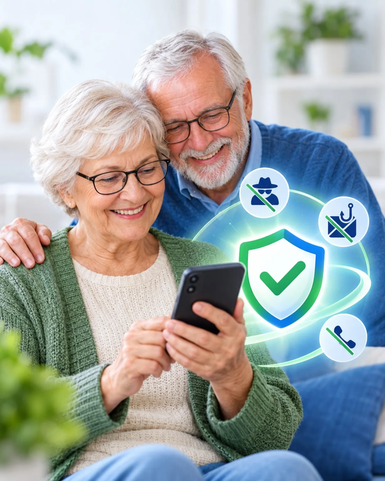 Una pareja mayor consultando el móvil, con una ilustración de un escudo
